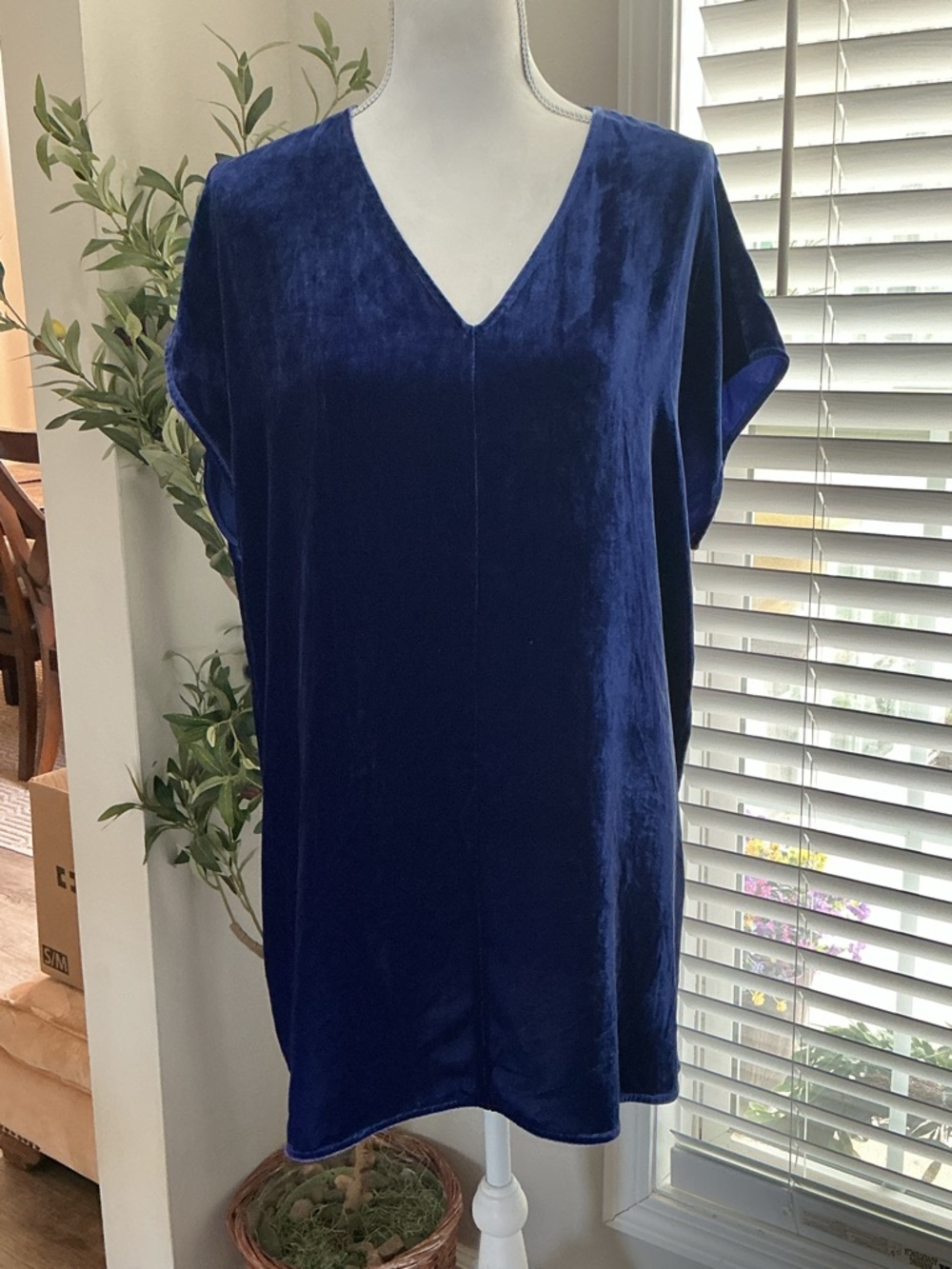 Eileen Fisher Velvet Silk Blend Bateau Neck Tunic Long Top Royal Blue Size Large